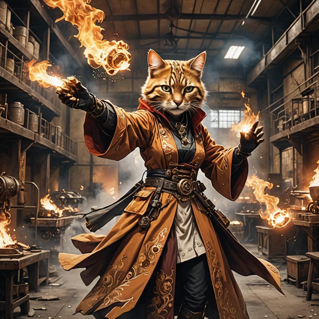 Fiery Sand-Cat Mage in Steampunk Setting