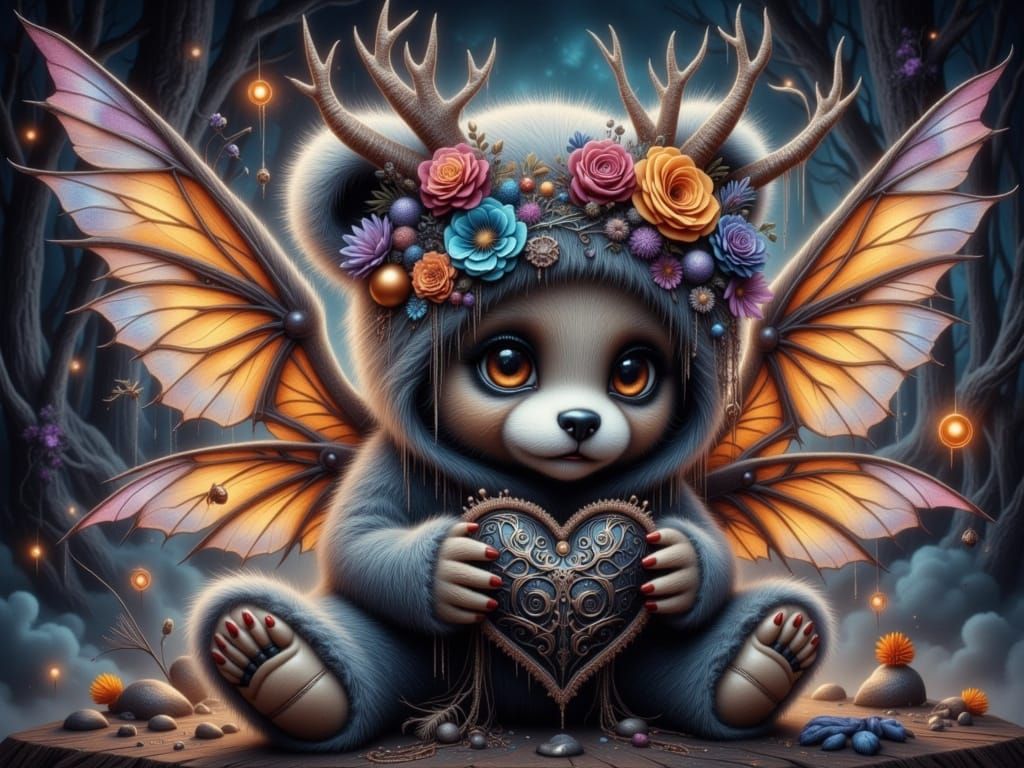 Fallen Angel Teddy Bear With Demonic Wings Holds Black Heart