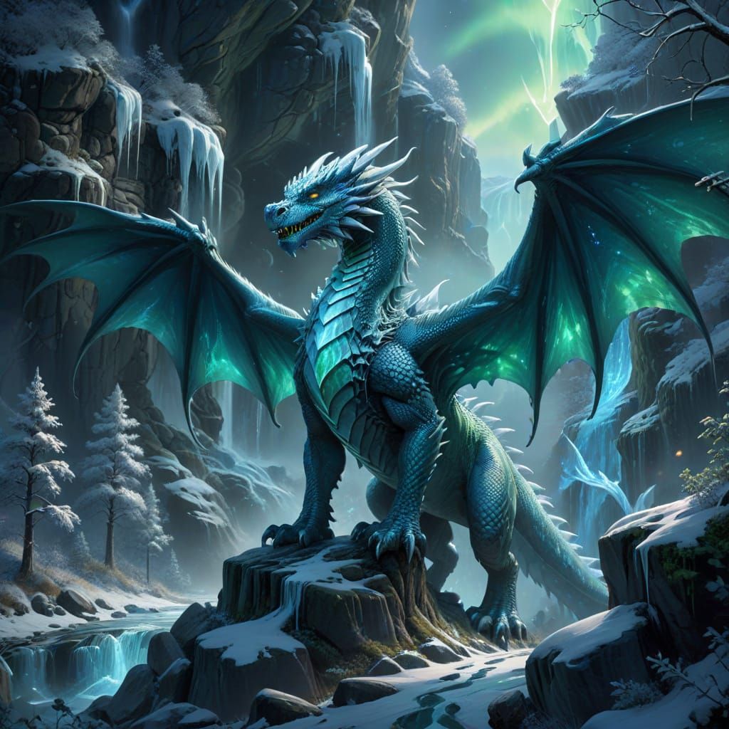 Majestic Ice Dragon Guards Frozen Winter Valley with Aurora