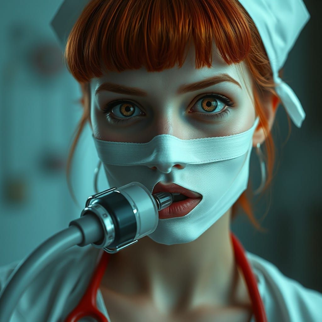 Ethereal Nurse with Rose Red Eyes on Oxygen Tank