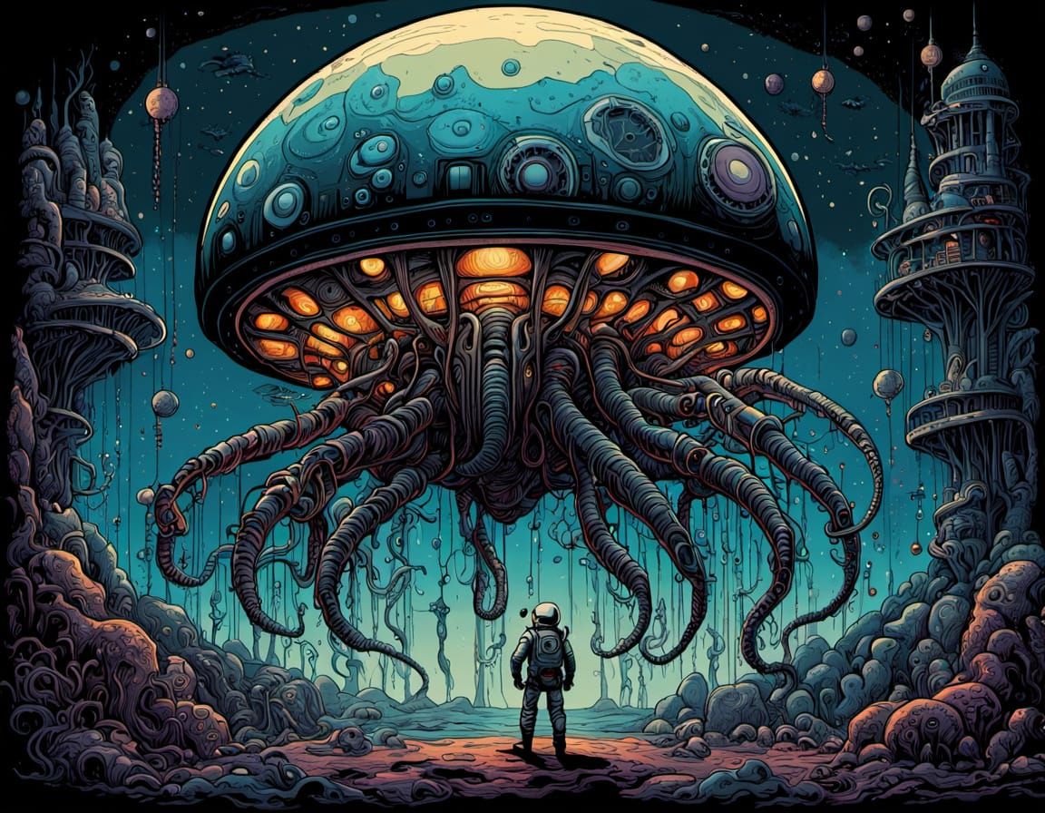 Astronaut and Bioluminescent Jellywhale in Abstract Expressi...