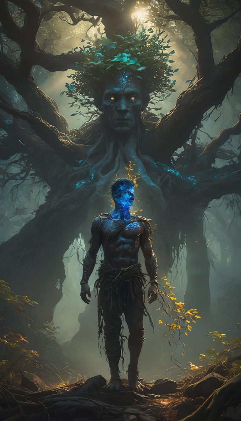 Mystical Man in Forest with Glowing Eyes