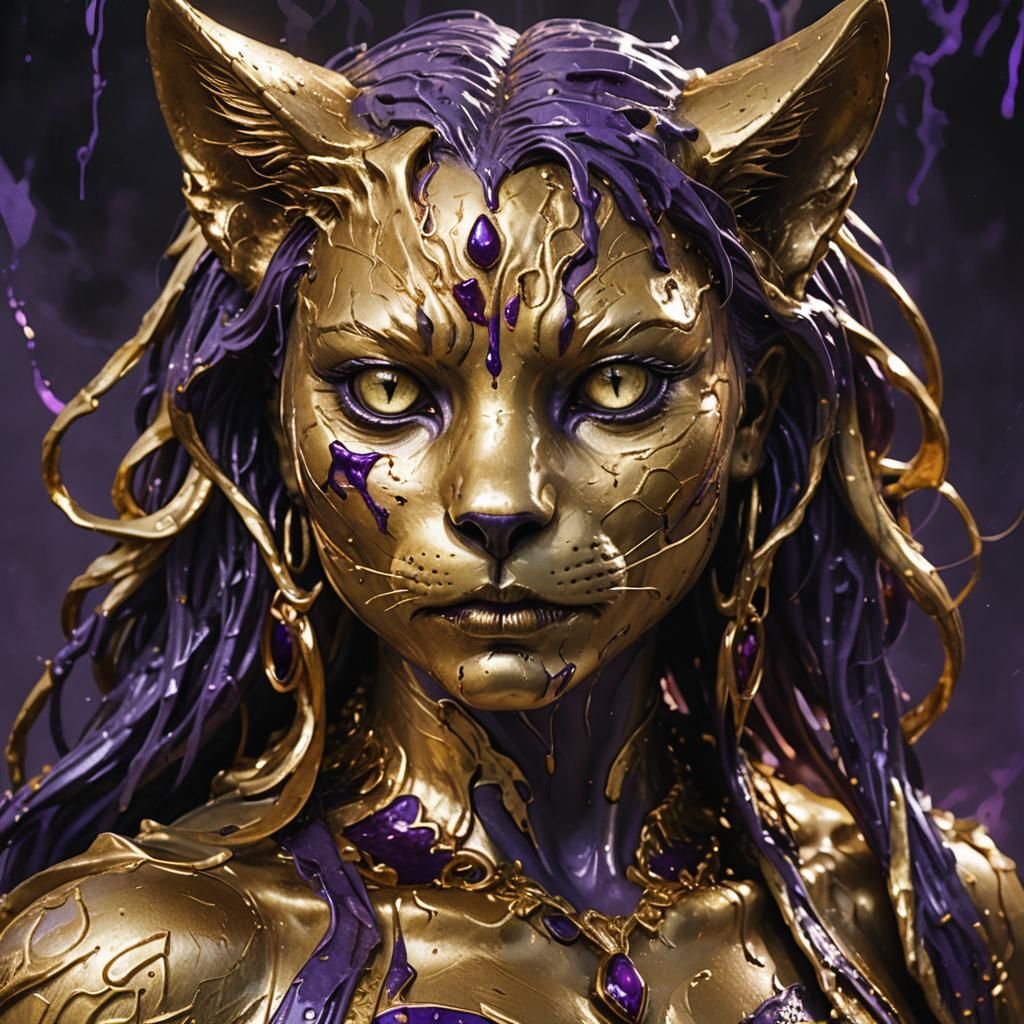 Golden Cat-Girl Statue with Purple Blood