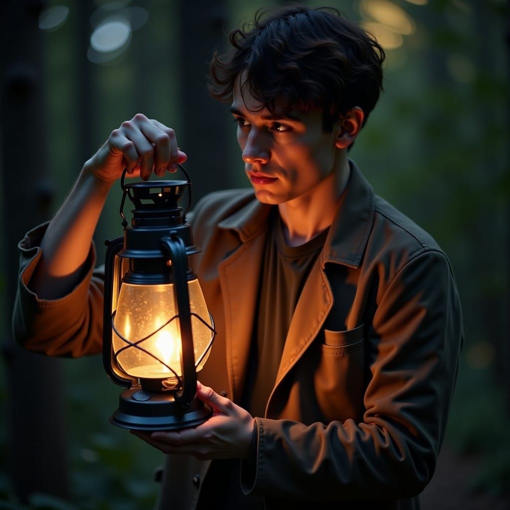 Young Man with Glowing Lantern in Soft Light