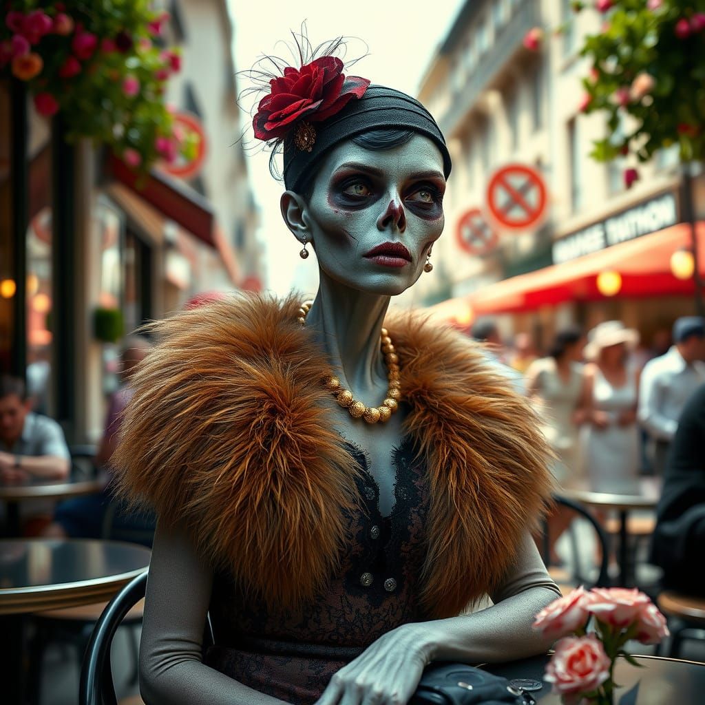 Zombie Woman in 1920s Cafe: Photorealistic Portrait