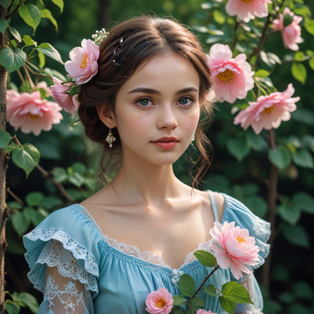 Young Woman with Blue Rose in Cityscape Photo
