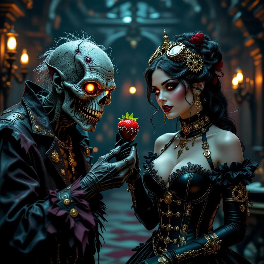 Ghoul Offers Strawberry to Steampunk Goddess in Gothic Ballr...