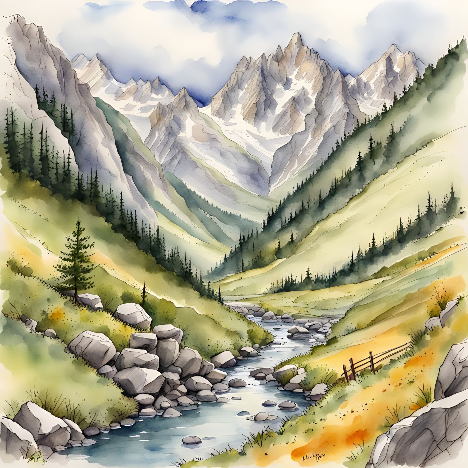 Alpine Valley: Watercolor and Ink Landscape