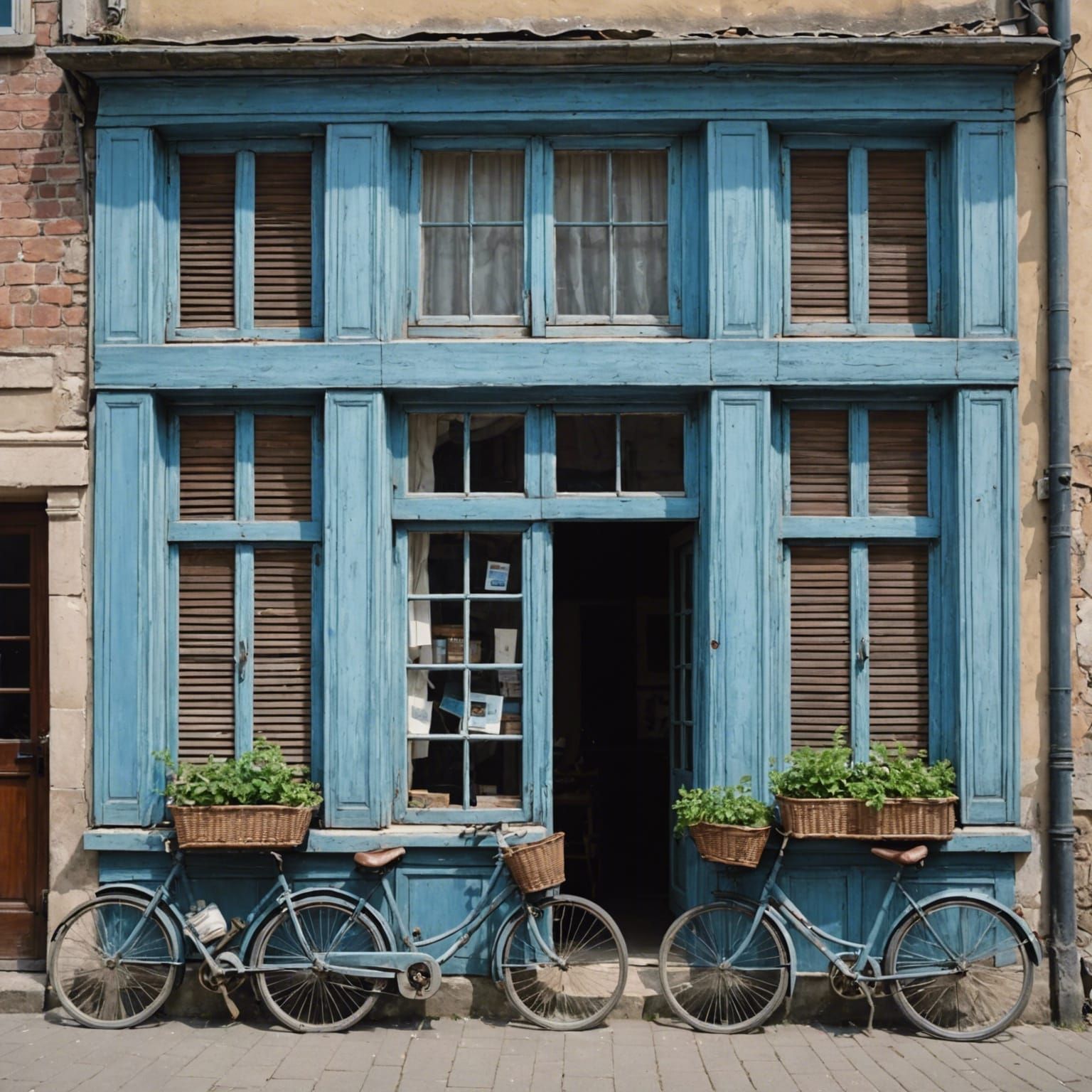 Weathered Blue Building with Bicycles
