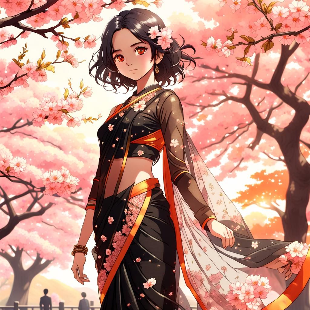 Anime Woman in Sabyasachi Saree Under Cherry Blossoms