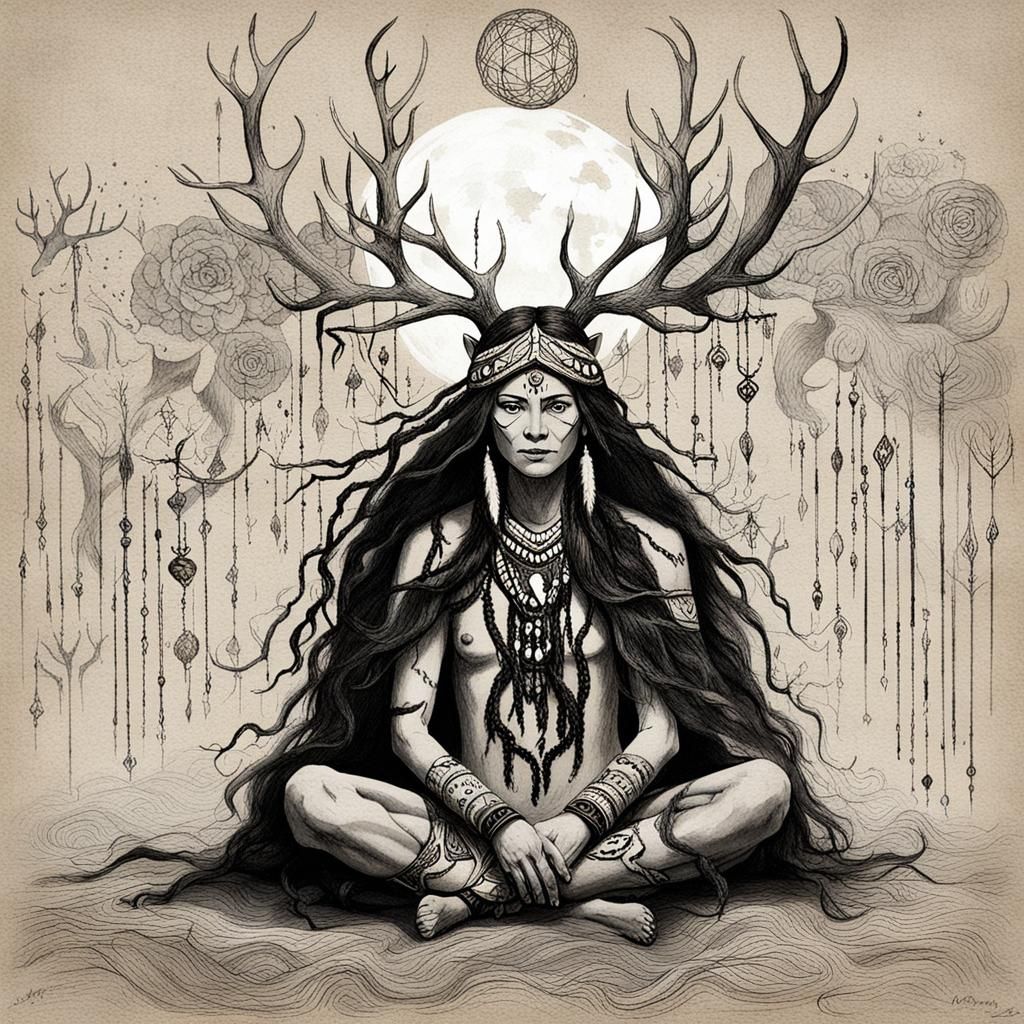 Antlered Shaman Woman: Mythical Forest Spirit