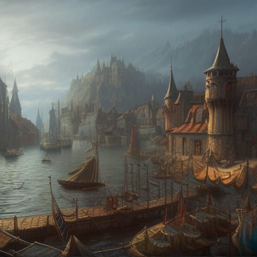 Medieval Harbor Town: Detailed Fantasy Matte Painting