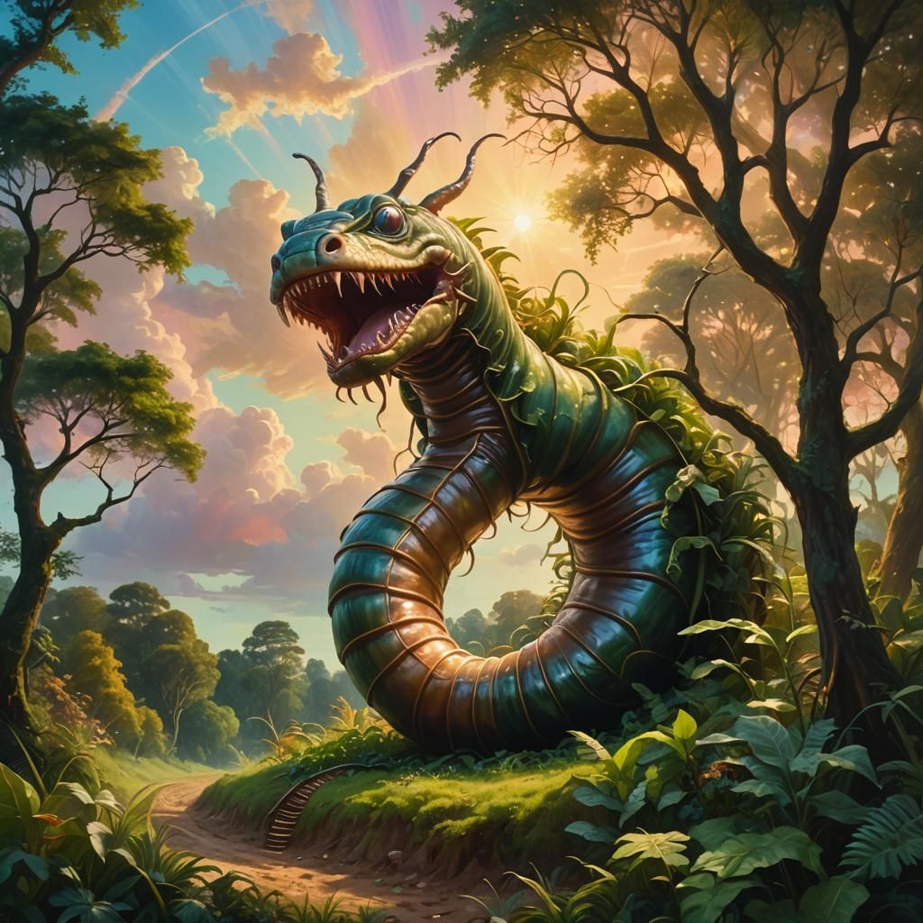 Surrealist Oil Painting of a Majestic Worm in Heavenly Surro...