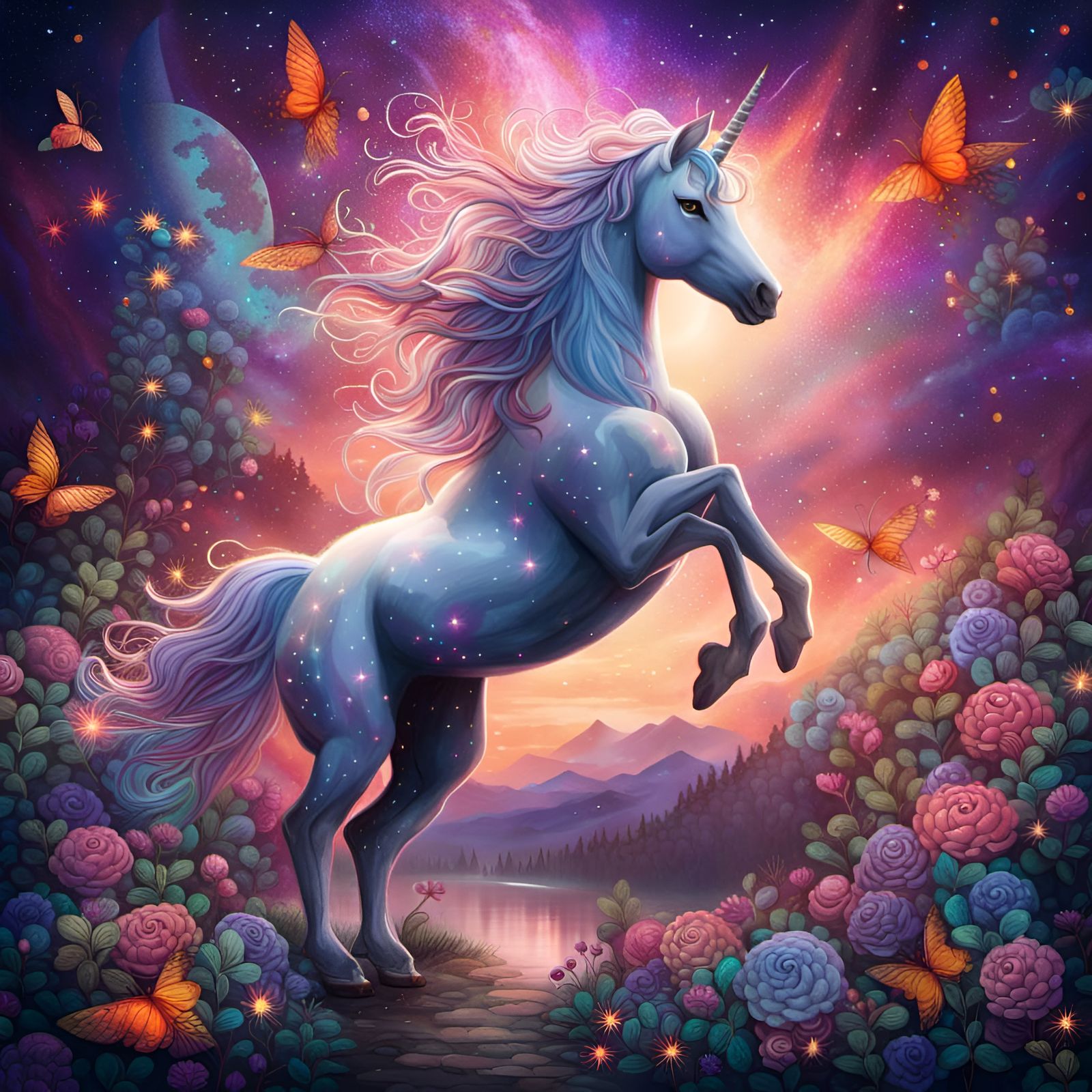 Unicorn Soaring in Moonlit Sky, Dark Fantasy Art