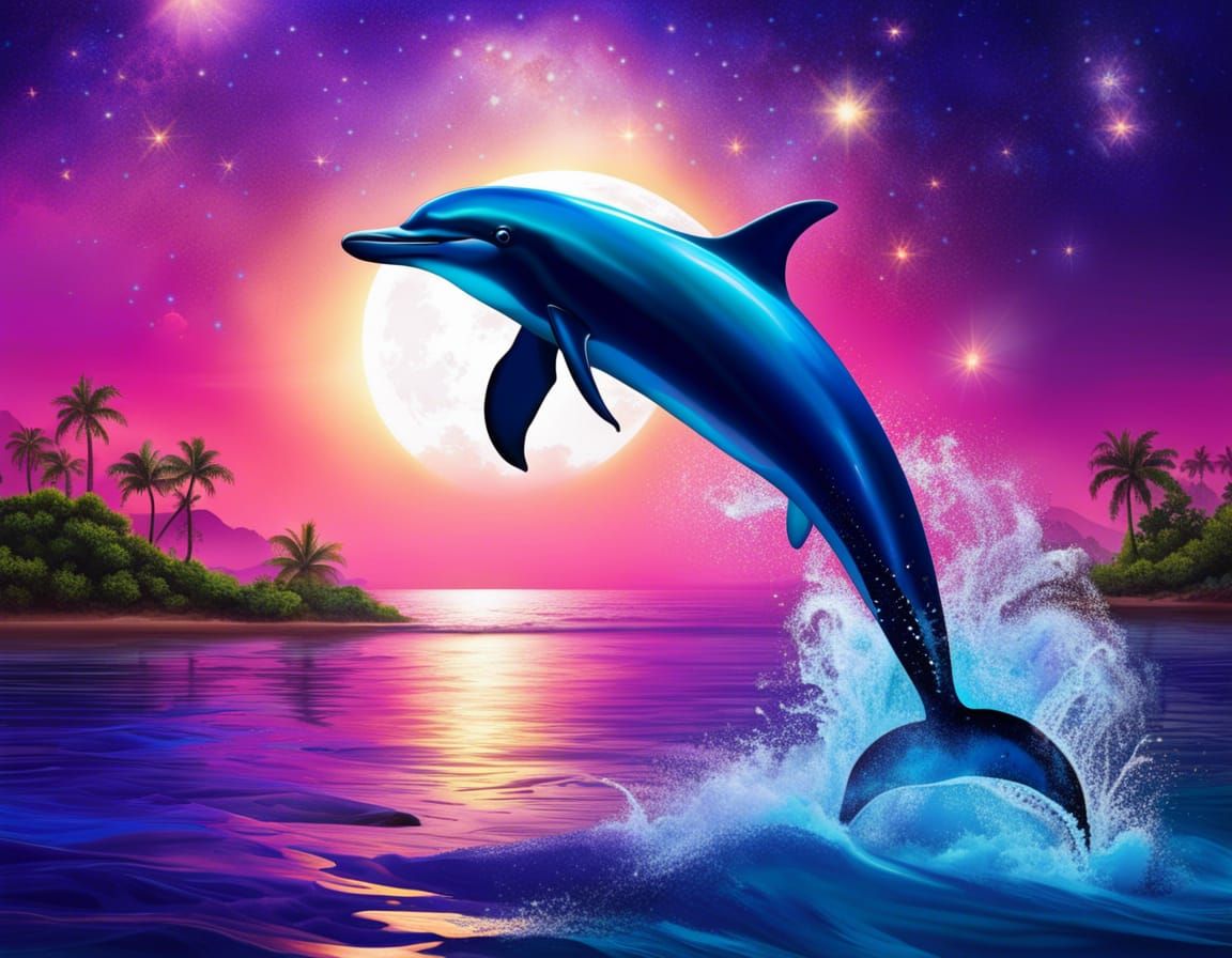 Moonlit Dolphin in Mystical Psychedelic Scene