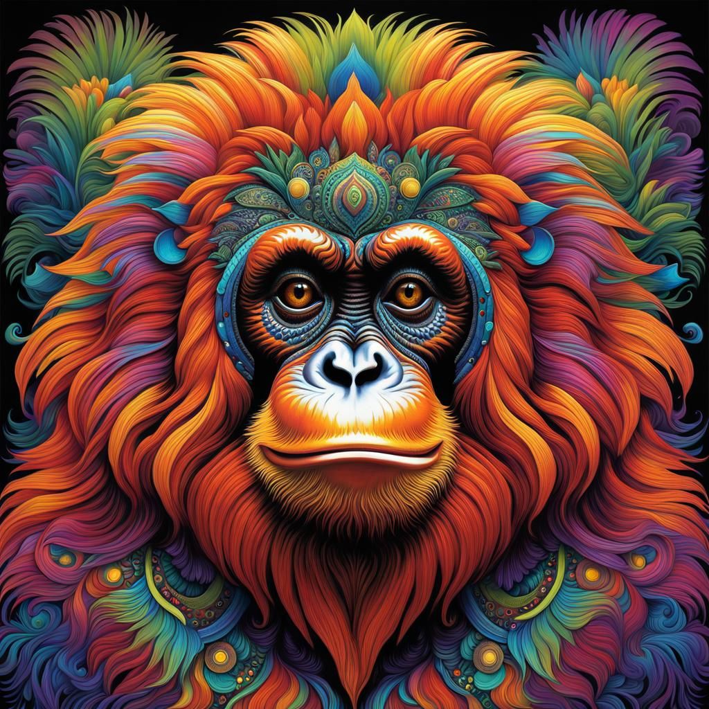 Psychedelic Orangutan Portrait in Mixed Media Style