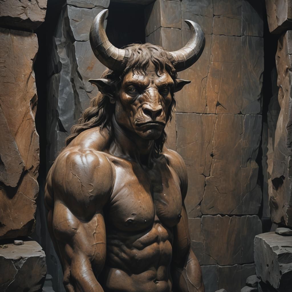 Sad Minotaur in Dark Megalithic Interior