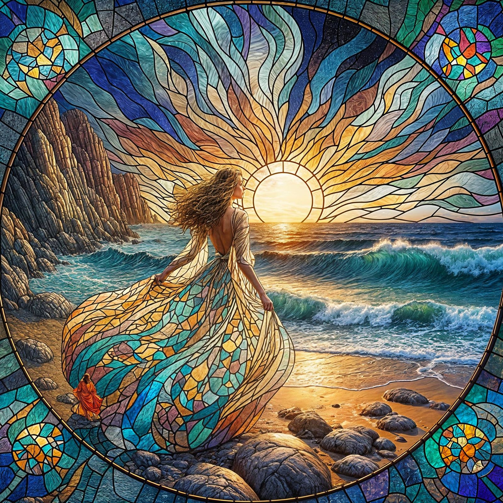 Surreal Stained Glass Window Scene with Sunset and Woman