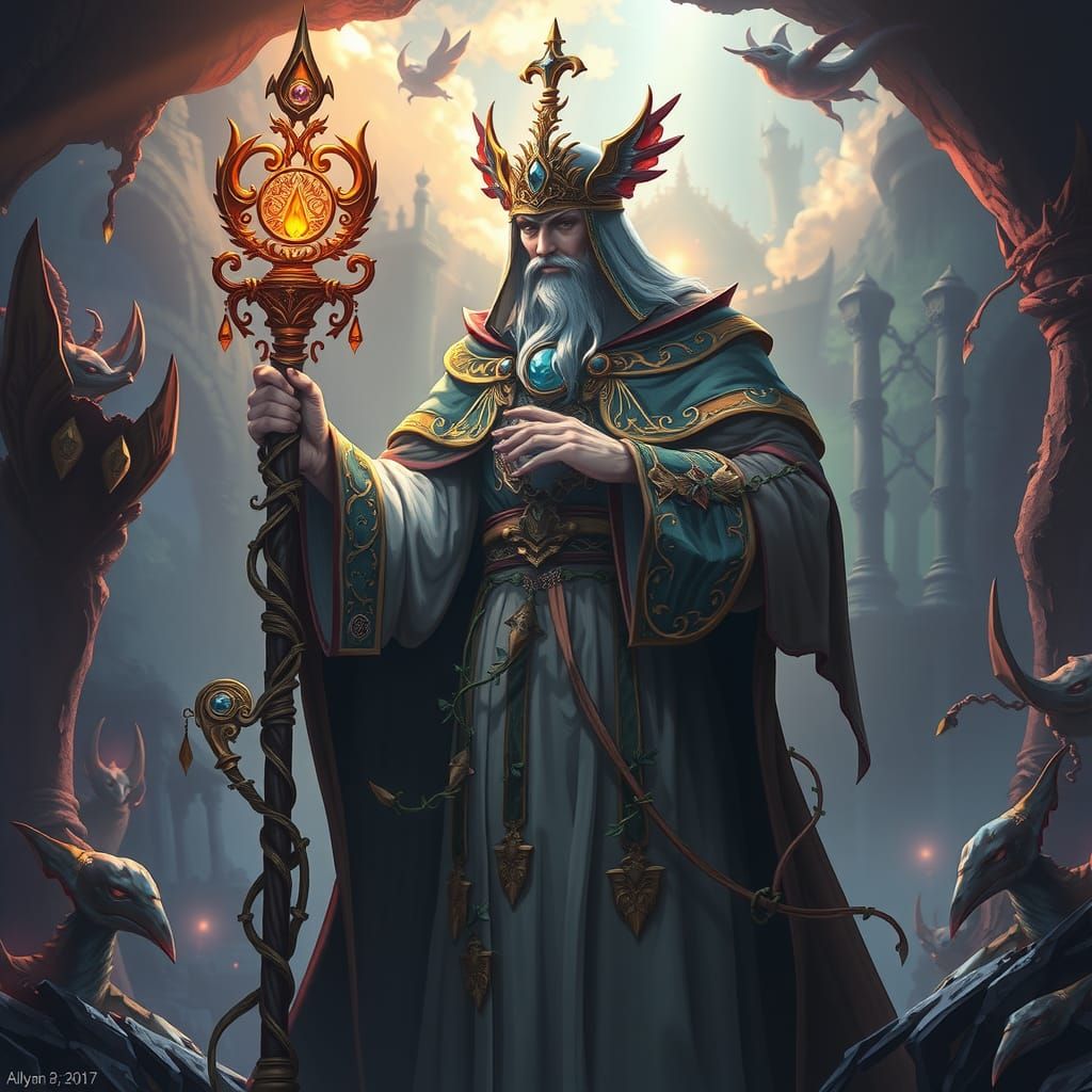 Mystical Saint in Elaborate Robes Against Vibrant Fantasy Ba...