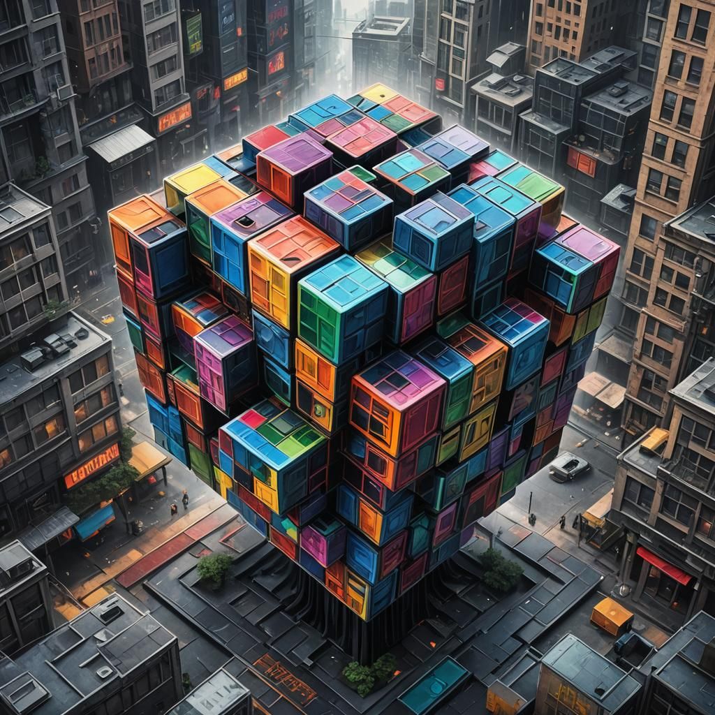 Psychedelic Rubik's Cube Building in Futuristic City