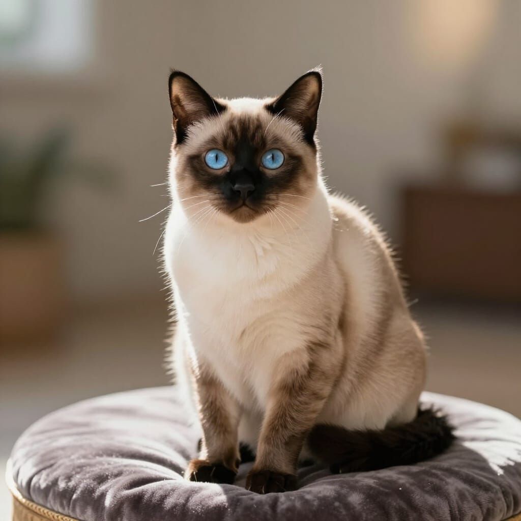 Elegant Siamese Cat on Velvet Cushion Photorealistic