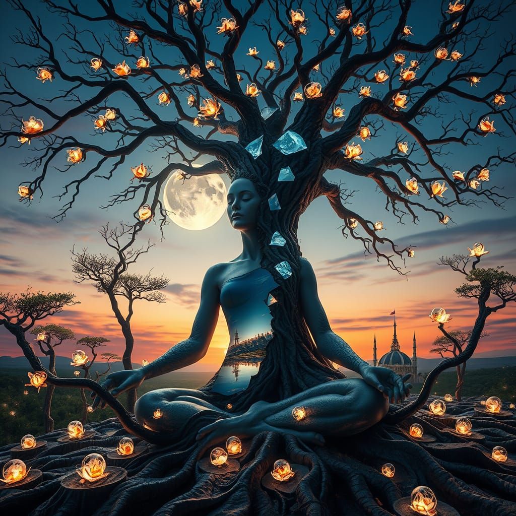 Surreal Goddess in Mystical Landscape with Cracked Mirrors a...