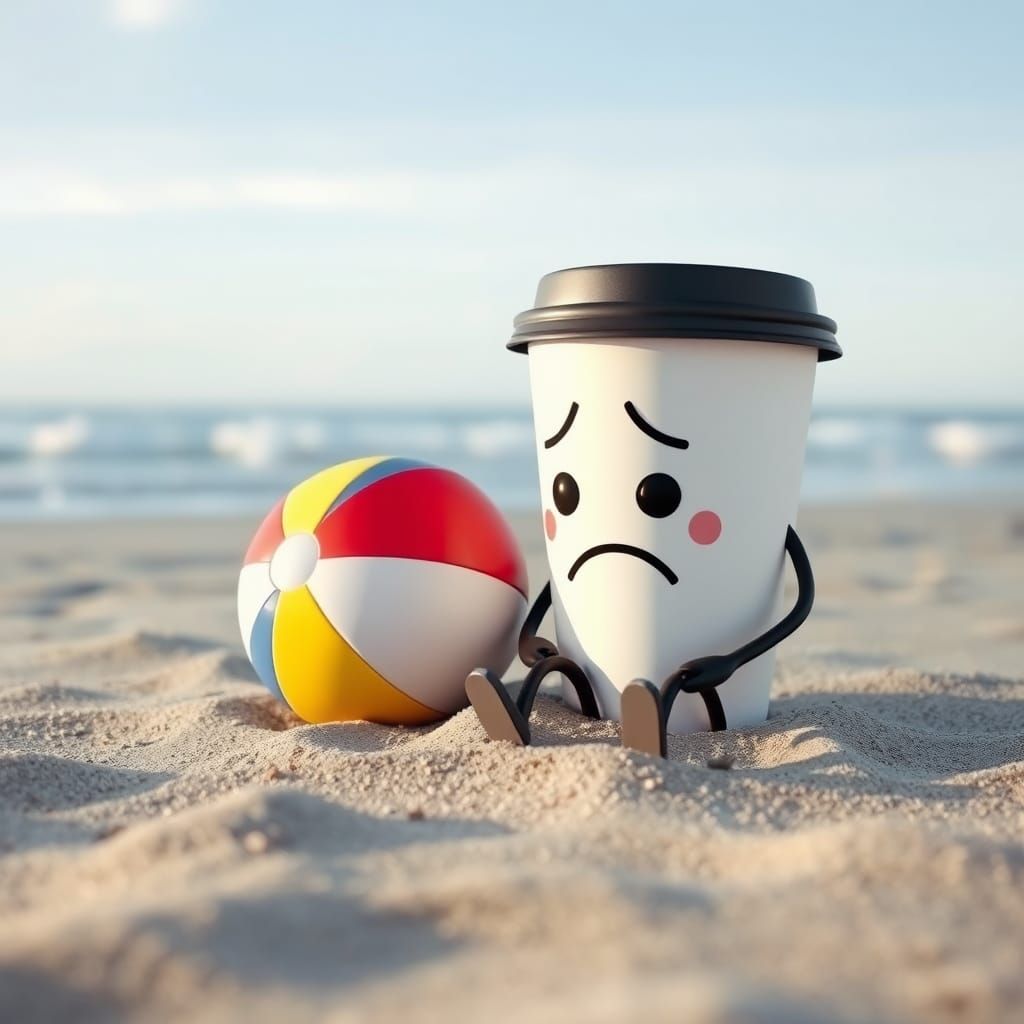 Sad Coffee Cup on a Beach