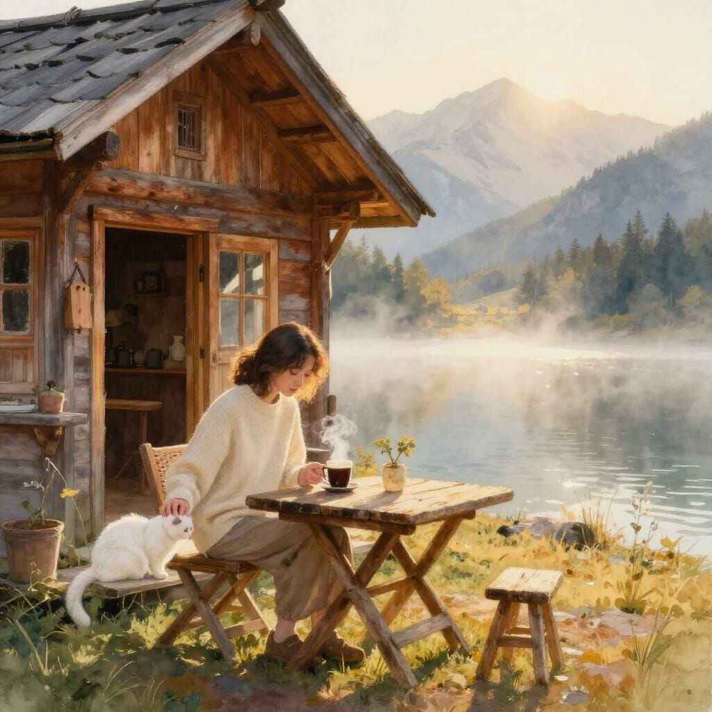 Woman and Cat at Mountain Lake Cabin in Watercolor Style