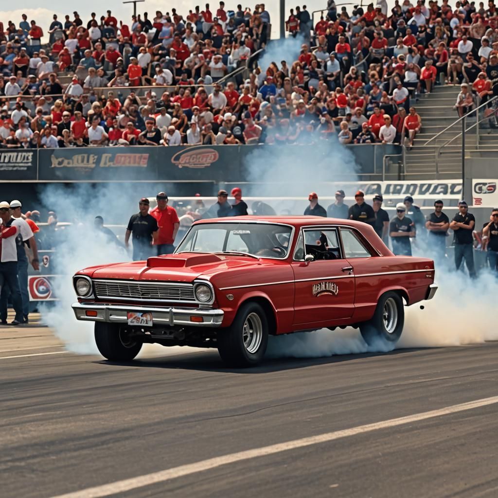 64' Chevy Nova doing a burnout at the dragstrip