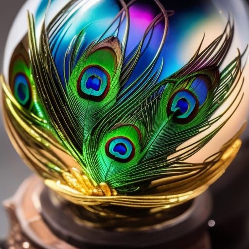 iridescent peacock feathers inside a glass egg