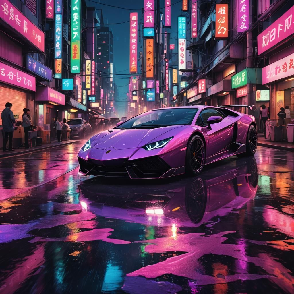 Lamborghini on Neon Tokyo Street, Cyberpunk Art