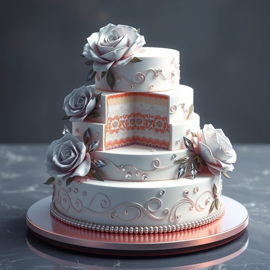 Surreal Clear Glass Cake with Diamonds and Roses in 3D Anime...