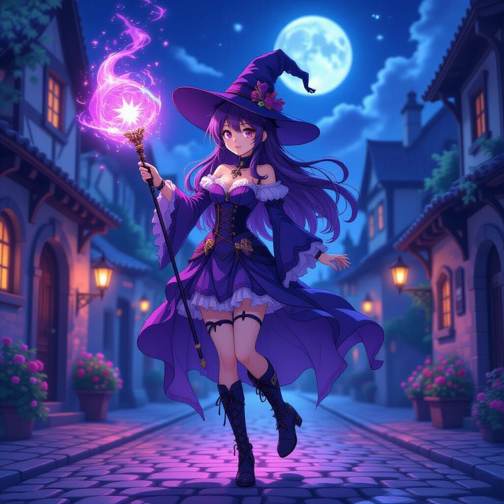 Anime Witch Casting Spell with Glowing Wand in Enchanted Cit...