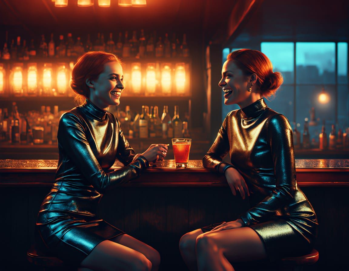 Glamorous Women Enjoying Night Out in Moody Bar