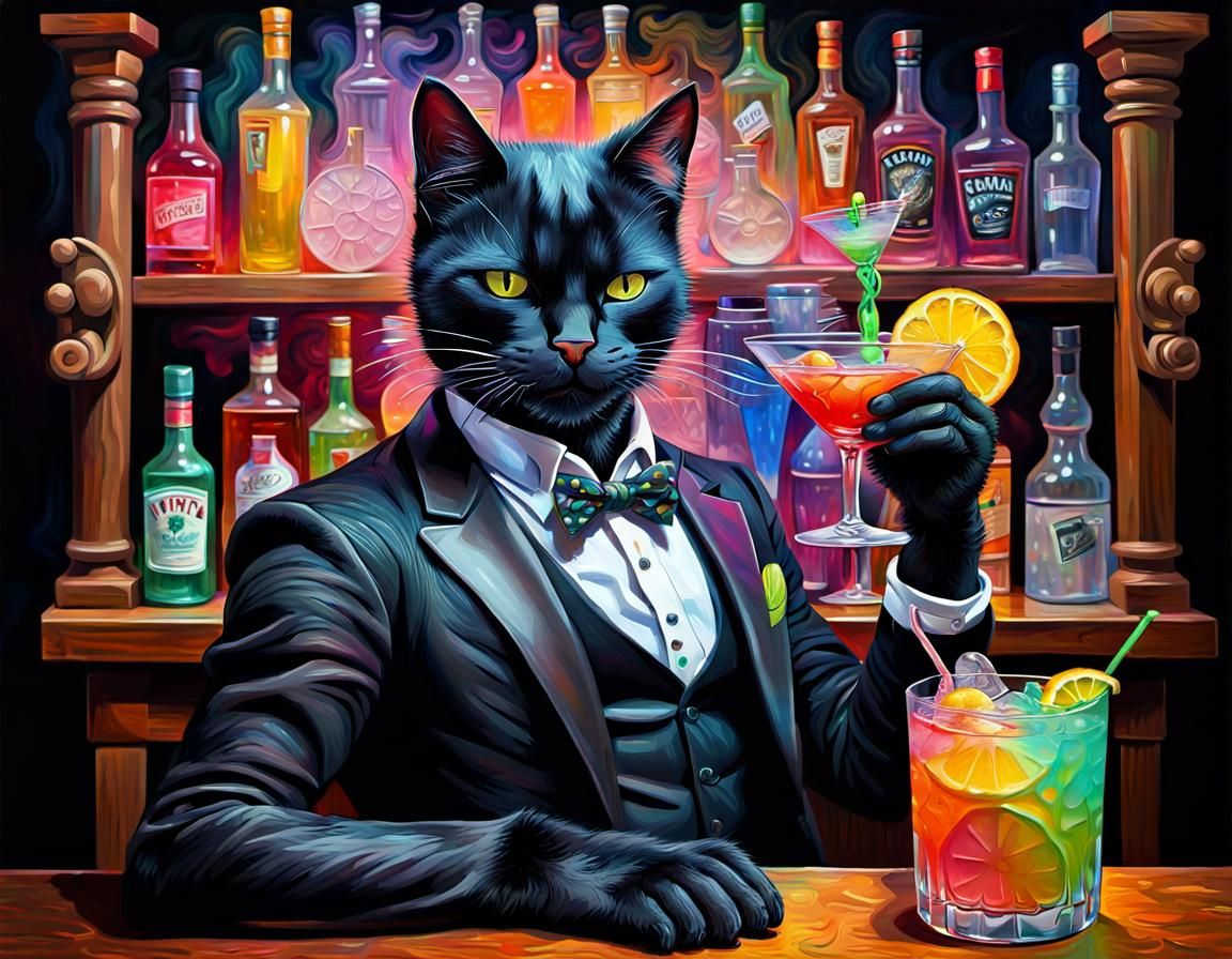 Anthropomorphic Cat Bartender in Neo-Impressionist Style