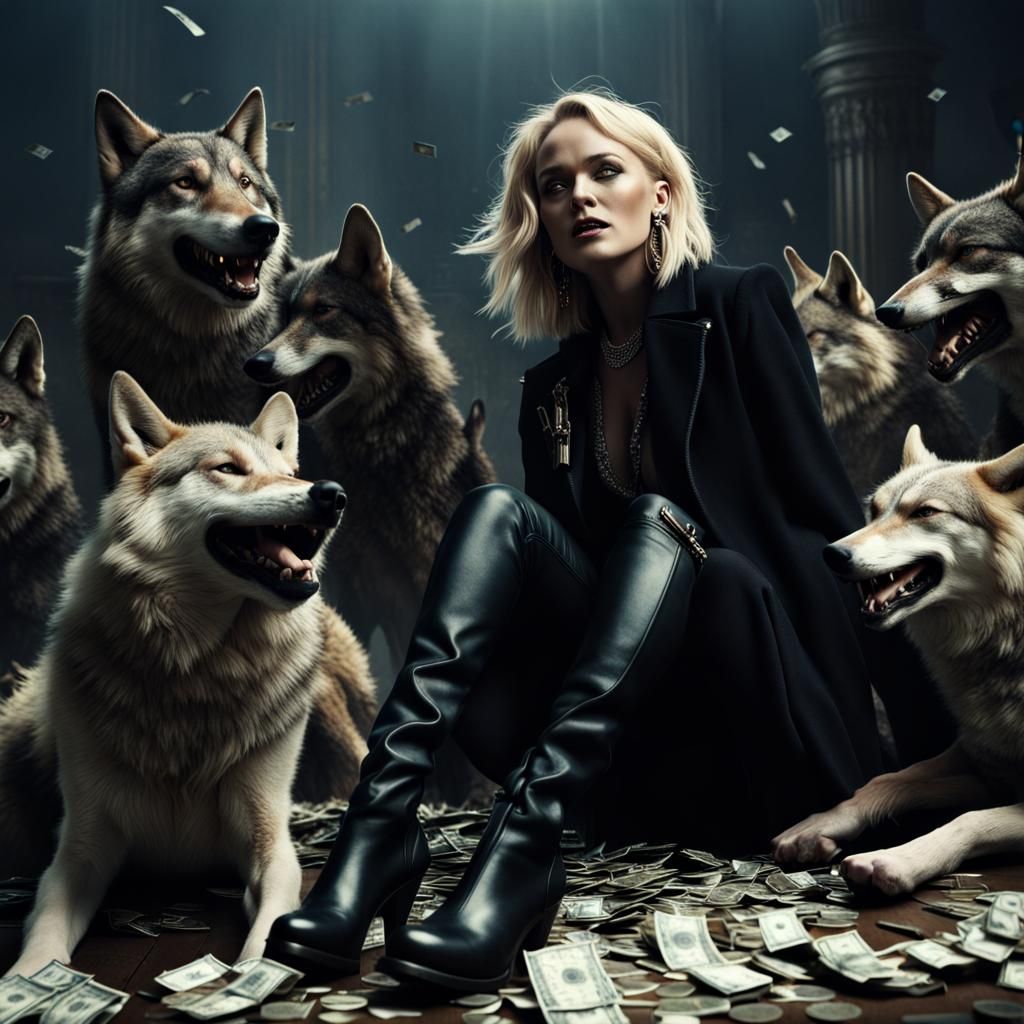 Woman with Gun Surrounded by Money and Wolves