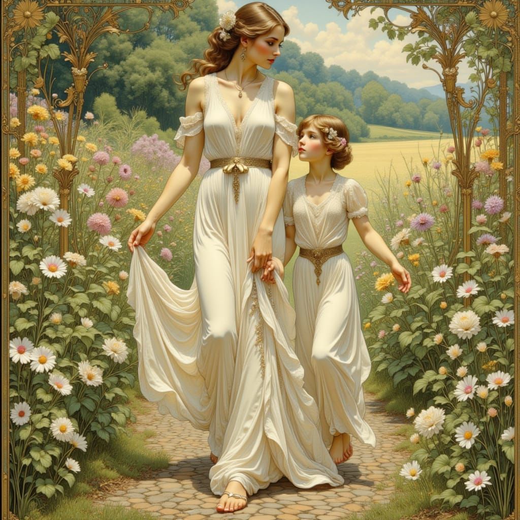 Art Nouveau Mom and Daughter in Fantasy Garden