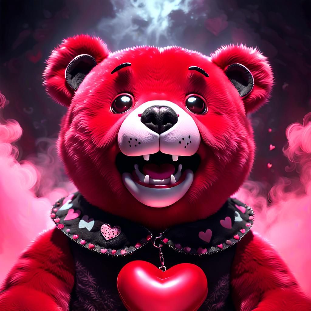 Sinister Red Teddy Bear in Dark Fantasy Style