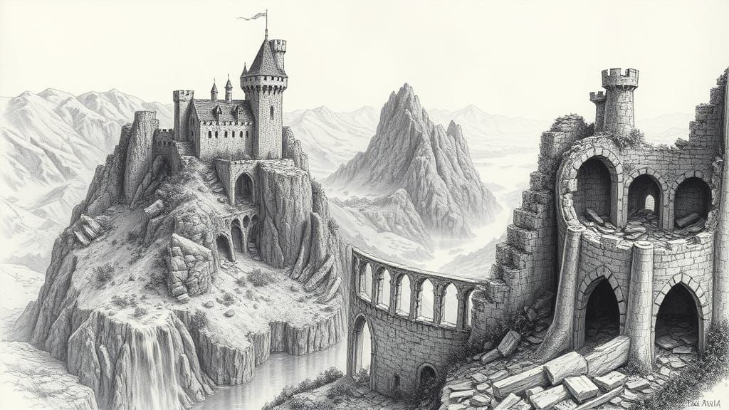Majestic Castle Ruins in Monochromatic Textures