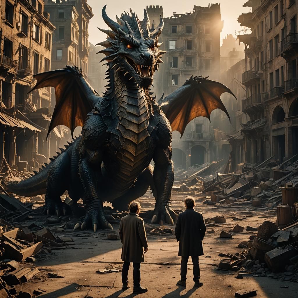 Man and Dragon in Ruined Cityscape