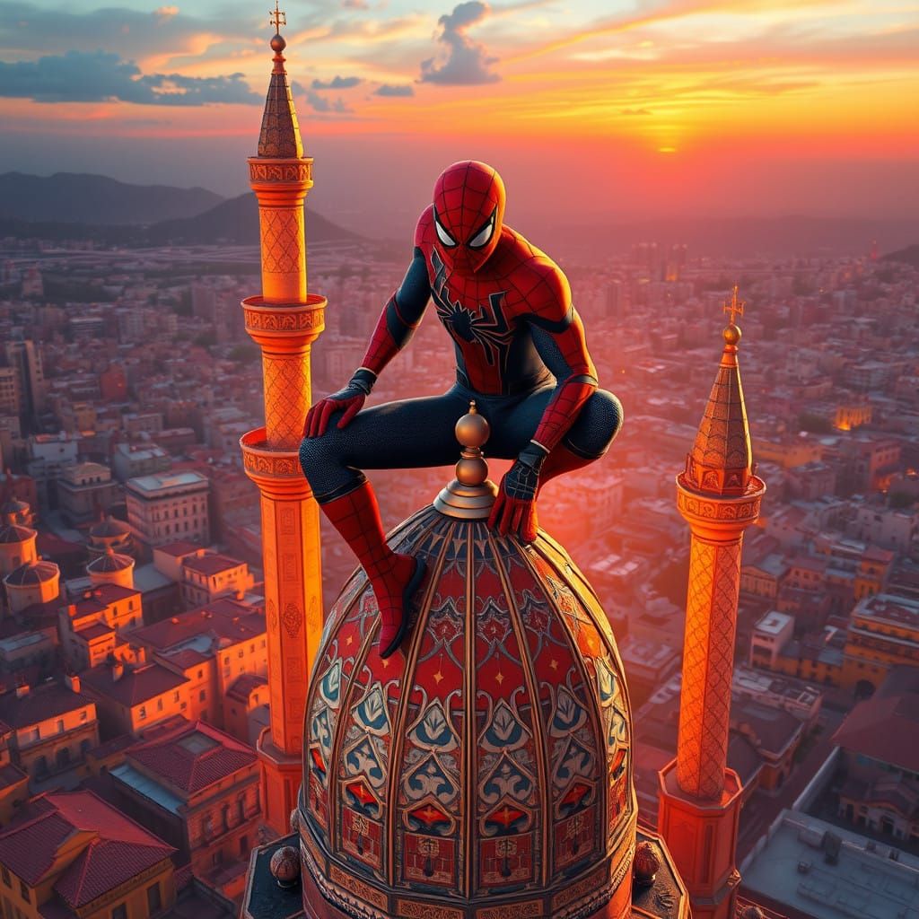 Surreal Marvel Hero Conquers Vibrant Spanish Architecture