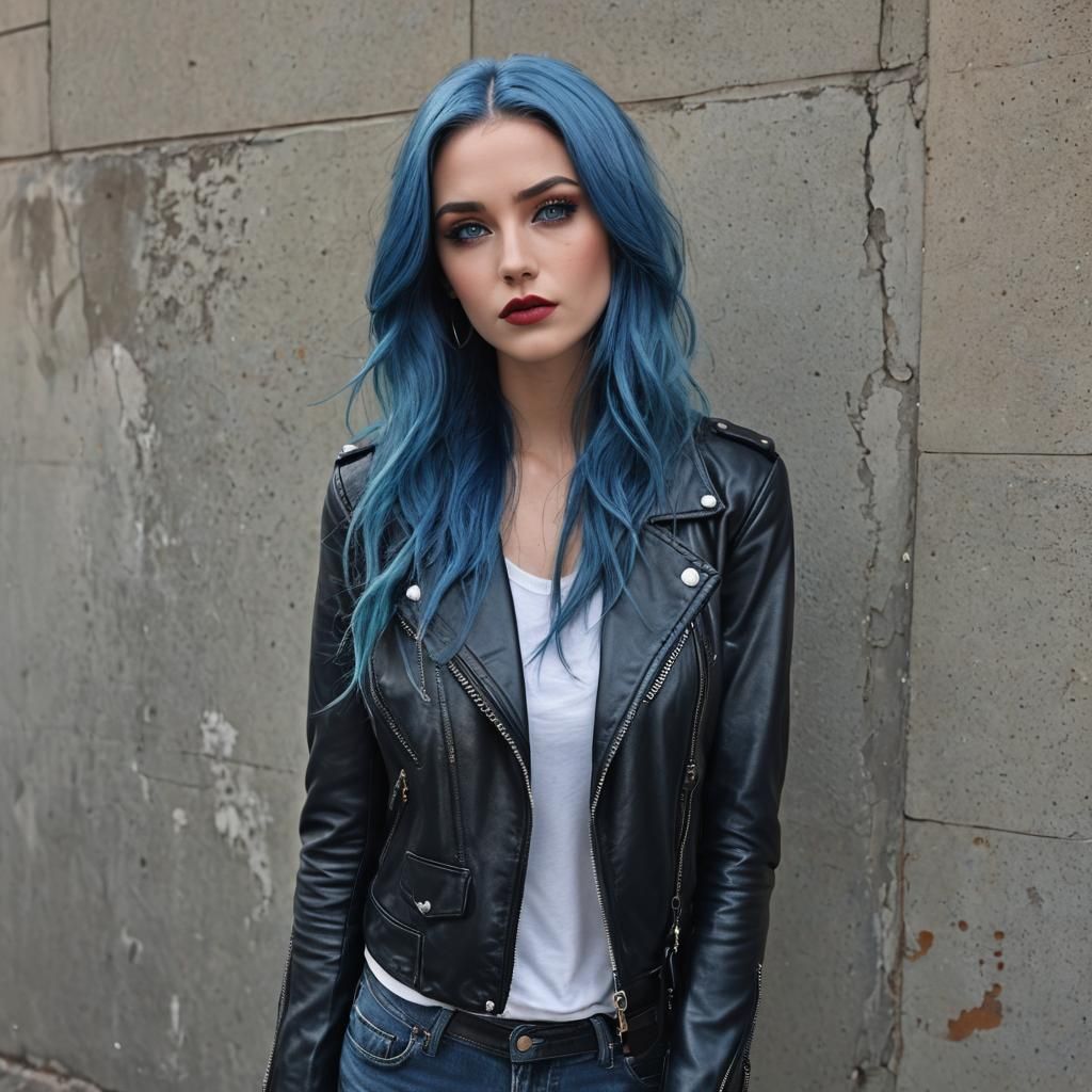 90s Blue-Haired Beauty in Leather Jacket