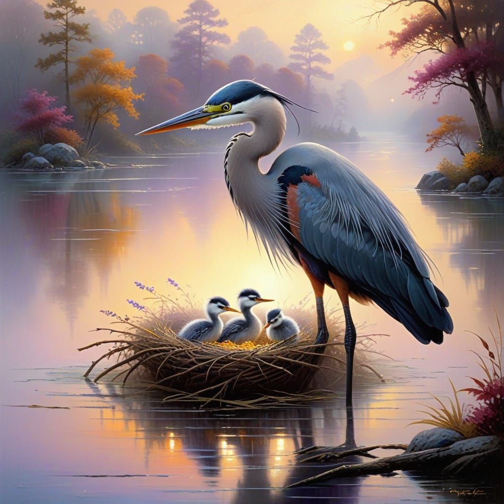Heron Family in Vibrant Misty Nest