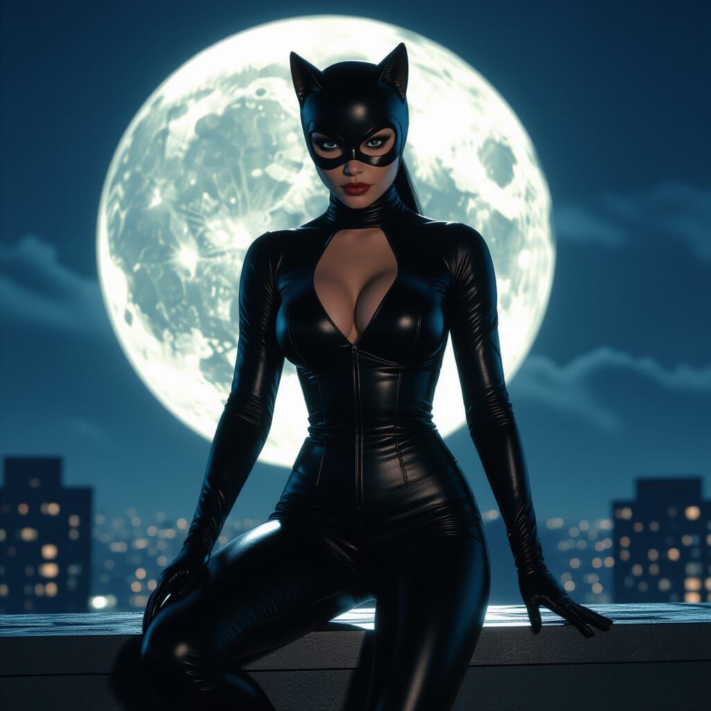 Catwoman on Rooftop Under Giant Moon