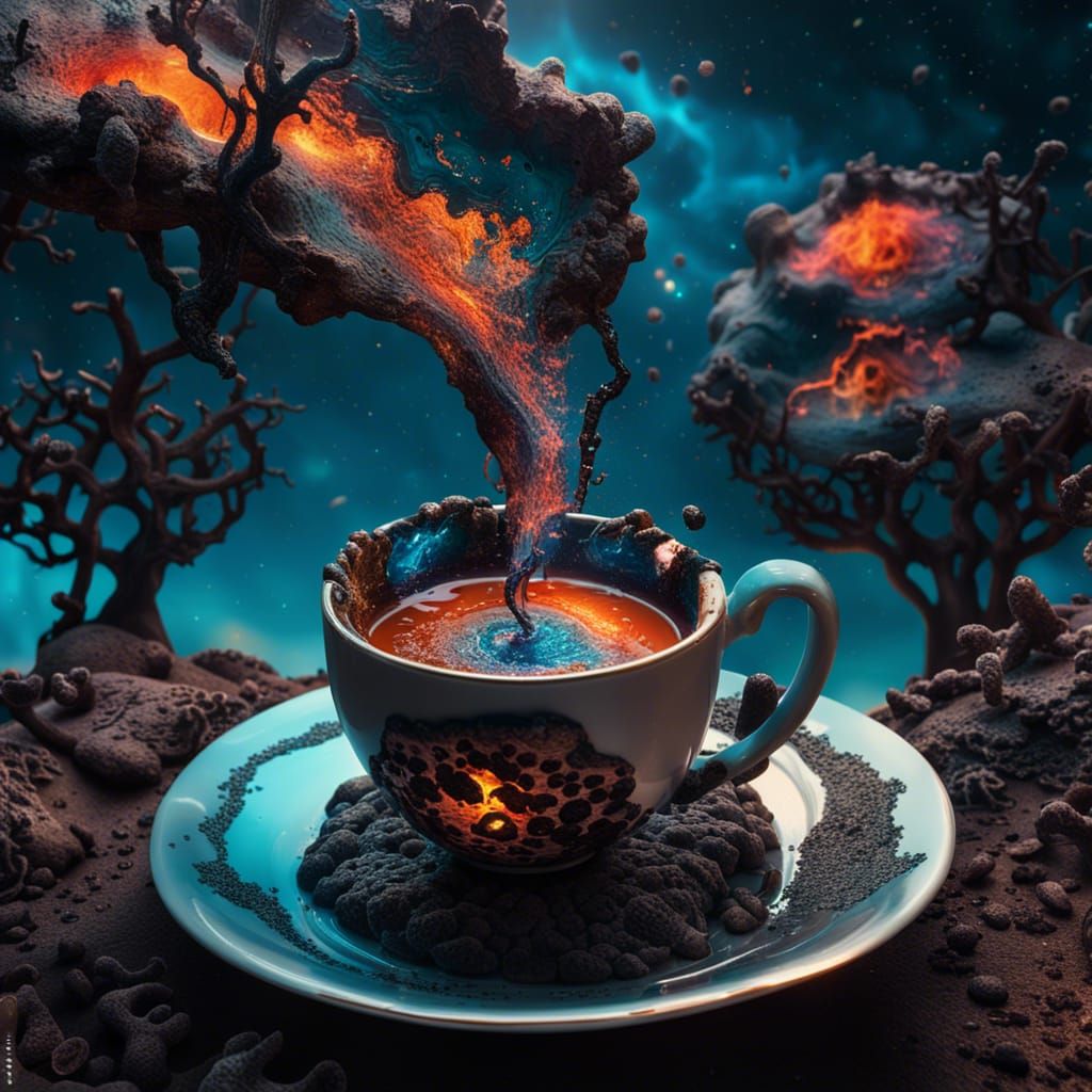 Surreal Tea Cup Landscape in Art Nouveau Style