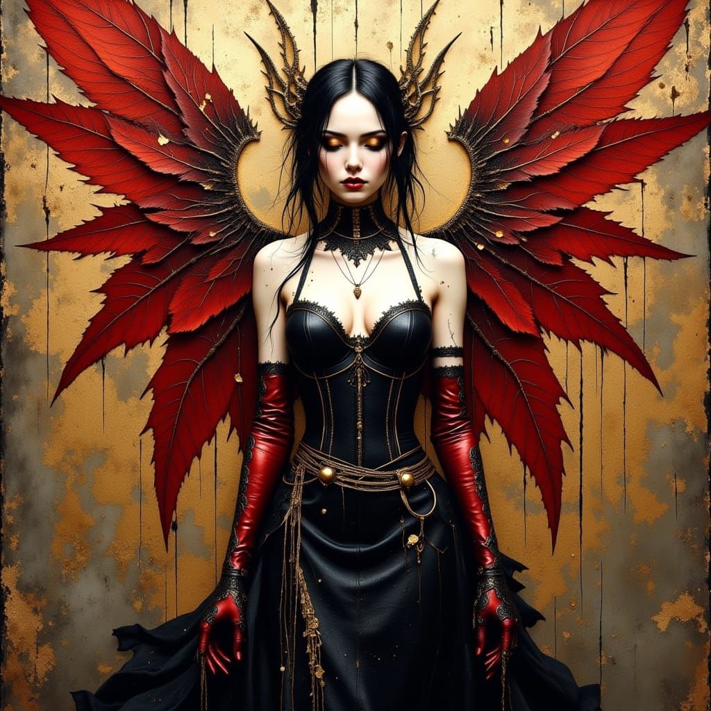 Biomechanical Fairy with Kintsugi Mask and Red Wings