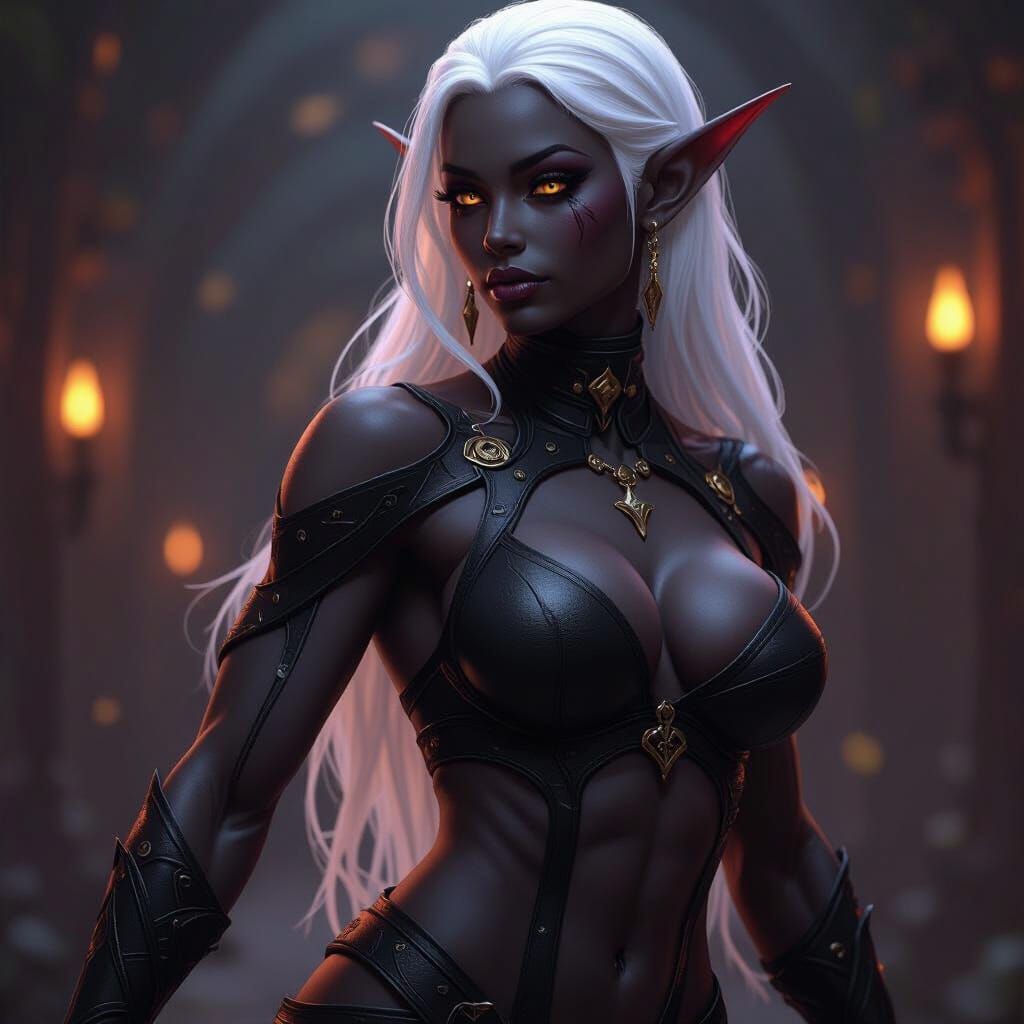 Muscle-Bound Drow Elf with White Hair in Dark Fantasy Style