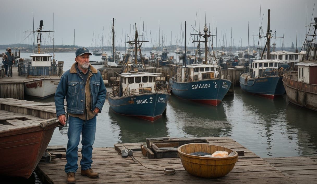 Fisherman at Work in Serene Harbor Scene