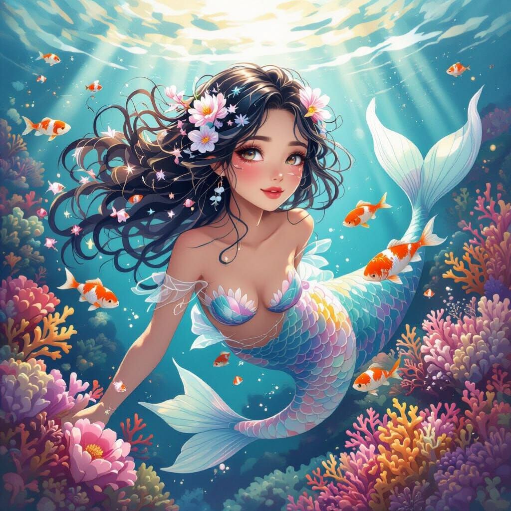 Koi Mermaid in Coral Reef, Ethereal Digital Art