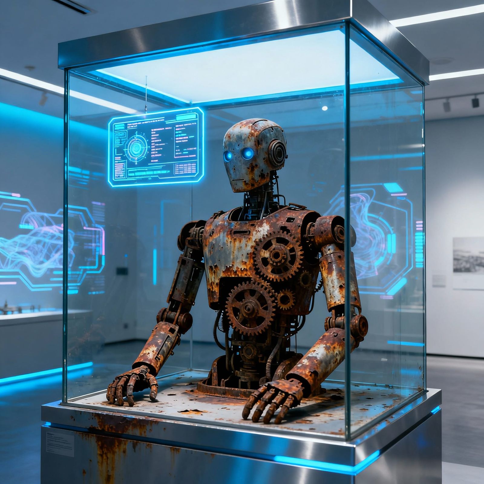 Rusted Cyborg Displayed In Futuristic Museum